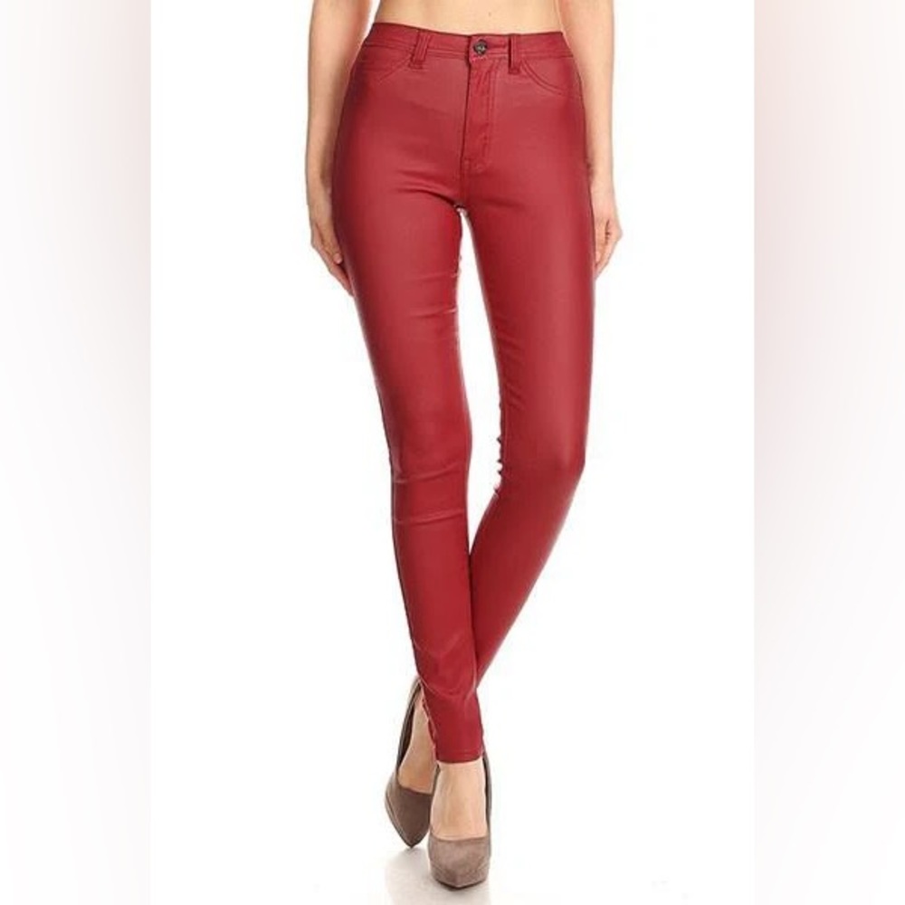 JC & JQ High Waist Faux Leather Stretch Skinny Jeans Burgundy Red Skinny Pants - Picture 2 of 9